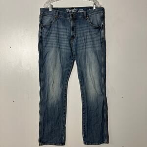 Wrangler Retro Slim Straight Fit 5 Pocket Distressed Blue Denim Jeans Mens 36x32